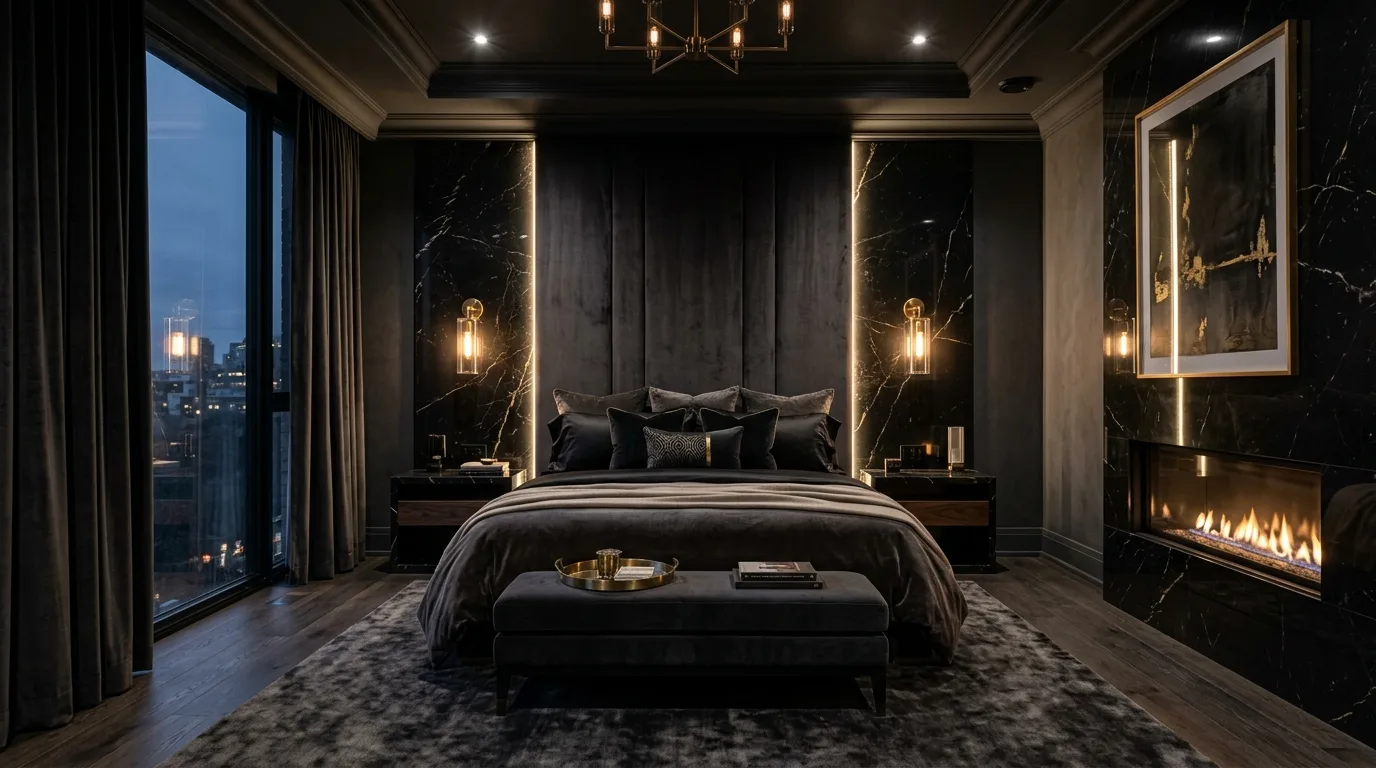 Make the ceiling part of the darker design story inspiration for a moody bedroom.